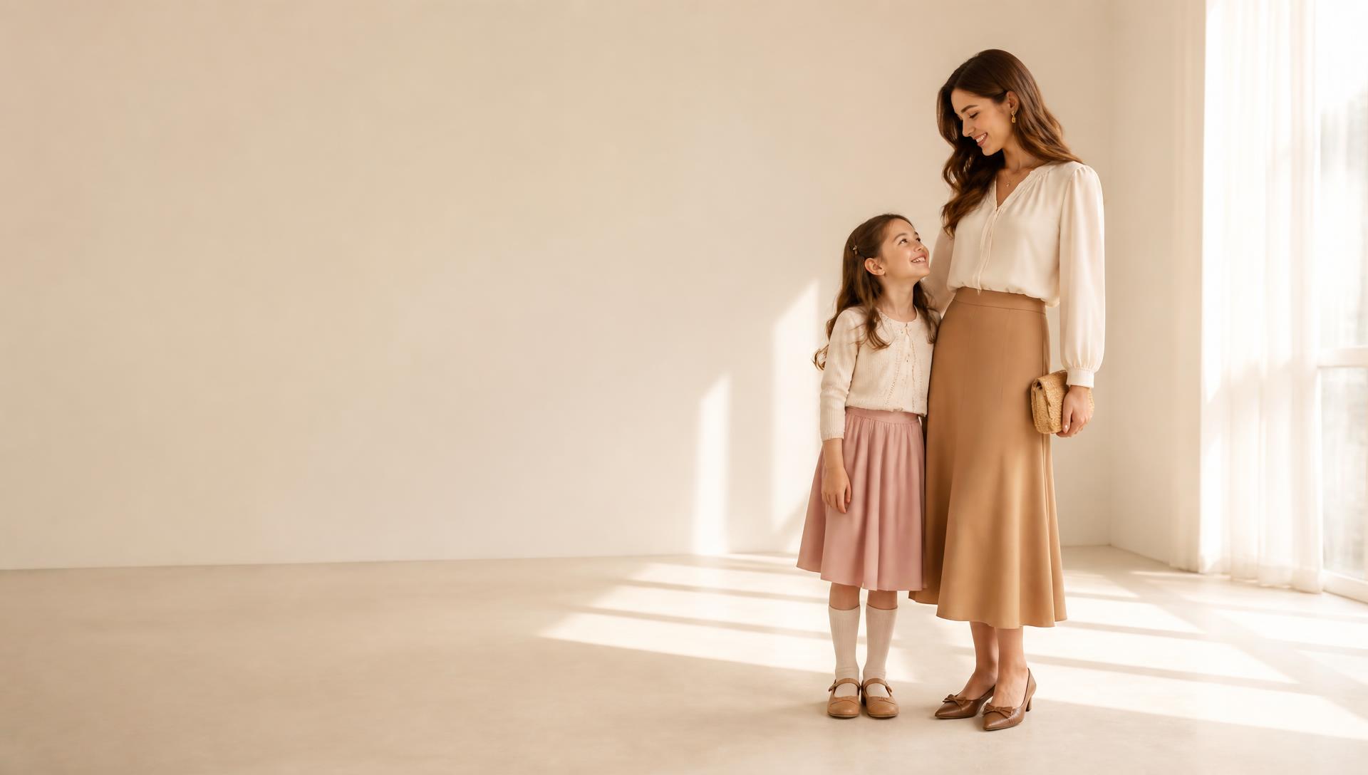 Mãe e filha com looks coordenados em tons suaves