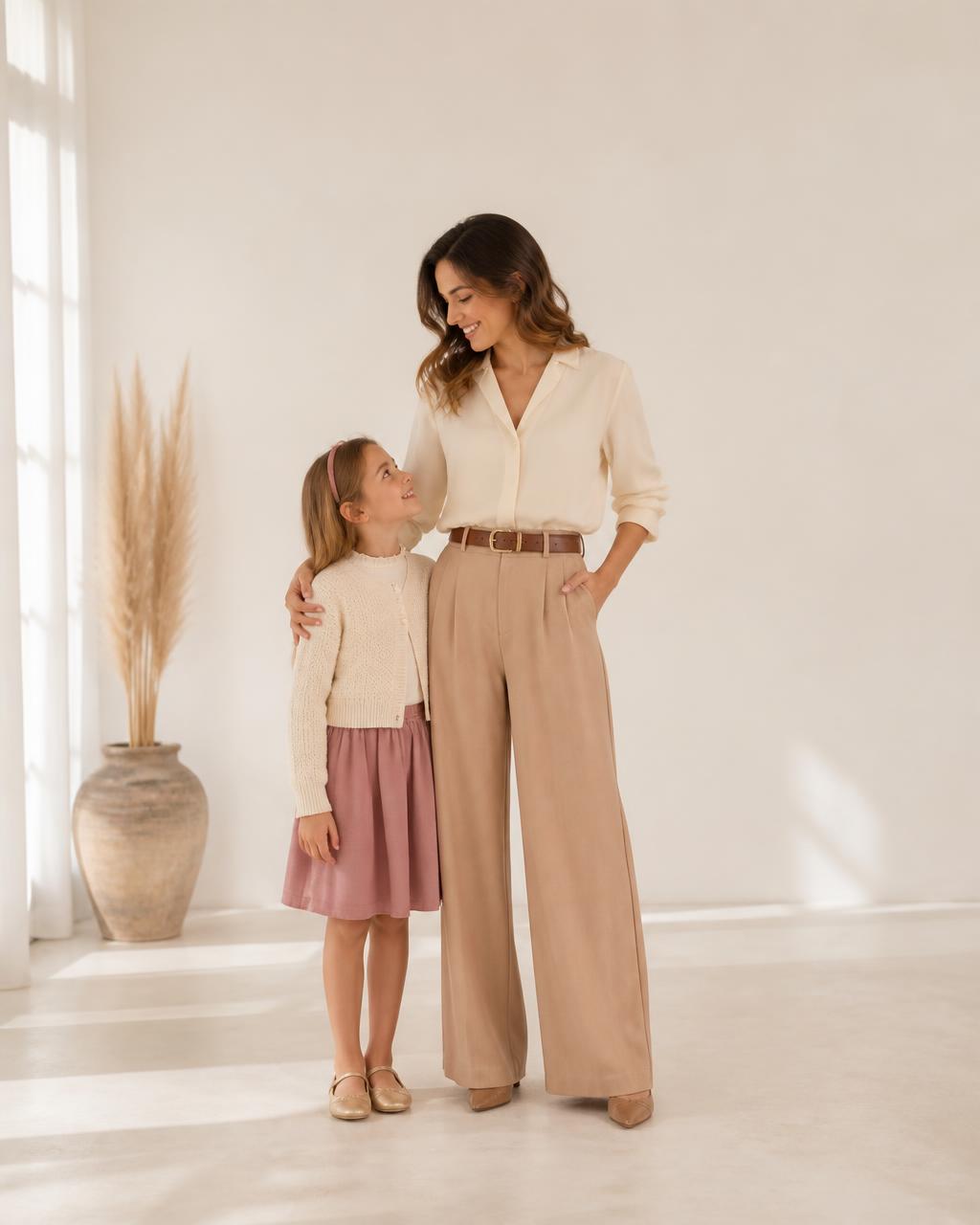 Mãe e filha com looks coordenados em tons suaves