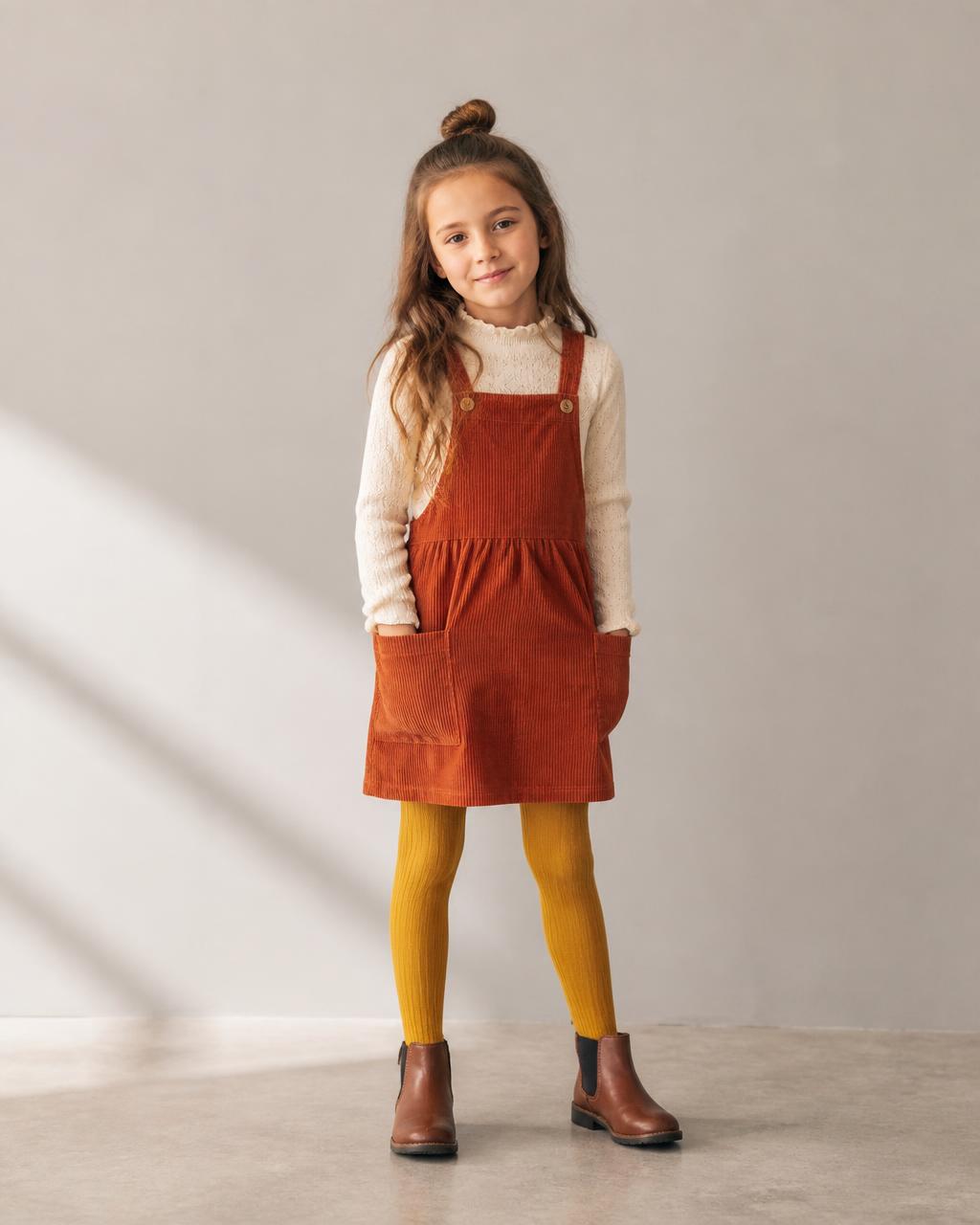 Menina com vestido de bombazine terracota, camisola creme e botas em pele